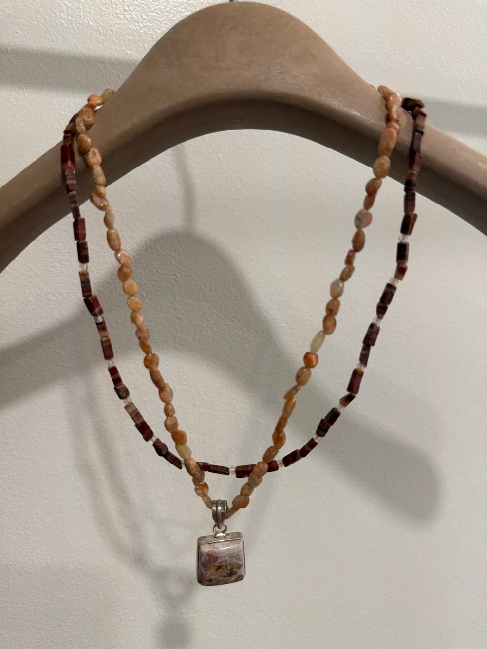 Layered Peach and Brown Beaded Necklace with Stone Pendant
